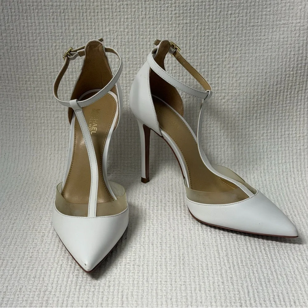 Michael Kors White T-Strap Pointed Toe Stilettos with Clear Panels